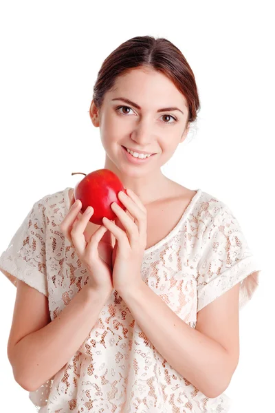 Jovem agradável guardando maçã — Fotografia de Stock