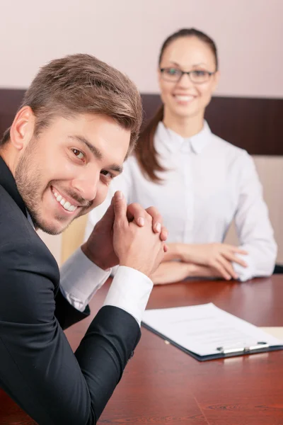 Nice lawyer talking with colleague — Stock Photo, Image