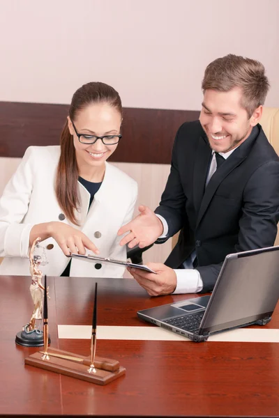 Nice lawyer talking with colleague — Stock Photo, Image