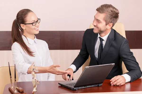 Nice lawyer talking with colleague — Stok fotoğraf