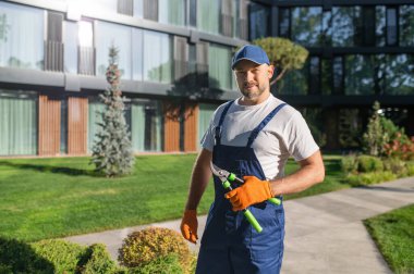 Profesyonel bahçıvan güneşli bir günde modern konut binasının yakınındaki dekoratif çalıları buduyor.