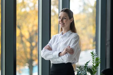 Bayan menajer. Ofisteki pencerenin yanında duran genç bayan yönetici.