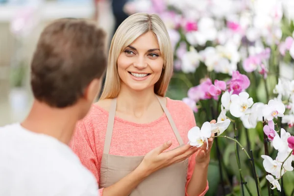 Professioneller Blumenhändler verkauft Blumen — Stockfoto