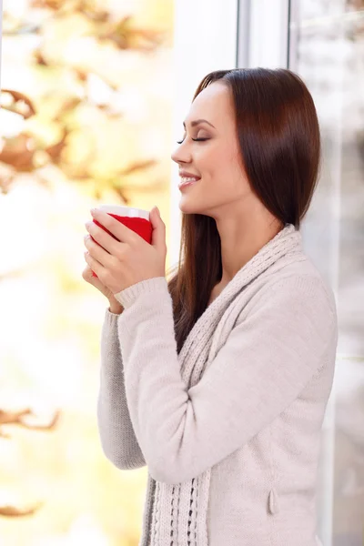 Schöne junge Frau am Fenster mit einem Becher. — Stockfoto