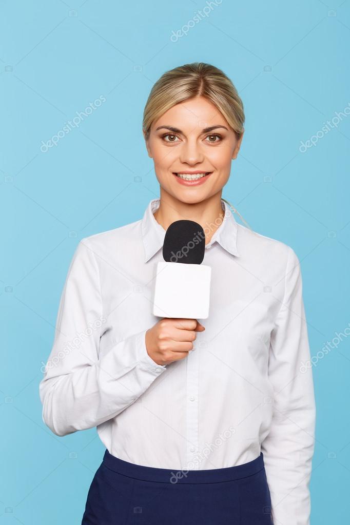 Agreeable TV announcer being involved in work