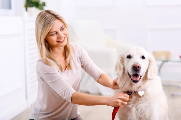 Aangename vrouw plezier met een hond — Stockfoto