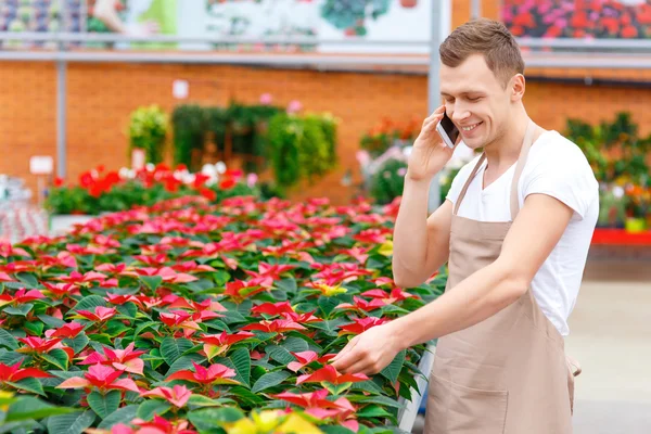 Florista sorrindo está falando ao telefone . — Fotografia de Stock