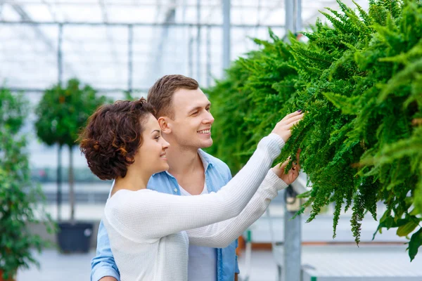 Junges Paar wählt Blumen. — Stockfoto