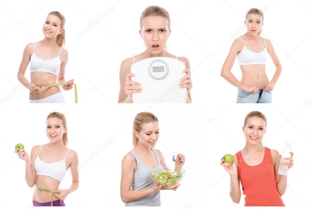 Young slim girl posing with various objects.