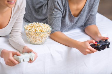 Sisters playing games with joysticks. clipart