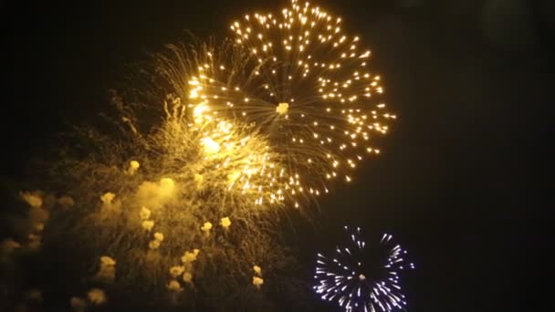Fogos Artifício Brilhantes Dourados Arejados Coloridos Com Luzes Bokeh Céu — Vídeo de Stock