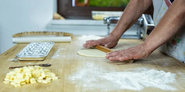 Close Woman Hands Working Dough Prepare Cheese Ravioli Traditional Sardinian — Stock Photo, Image