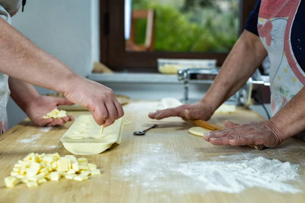 Close Woman Hands Working Dough Prepare Cheese Ravioli Traditional Sardinian — Stock Photo, Image