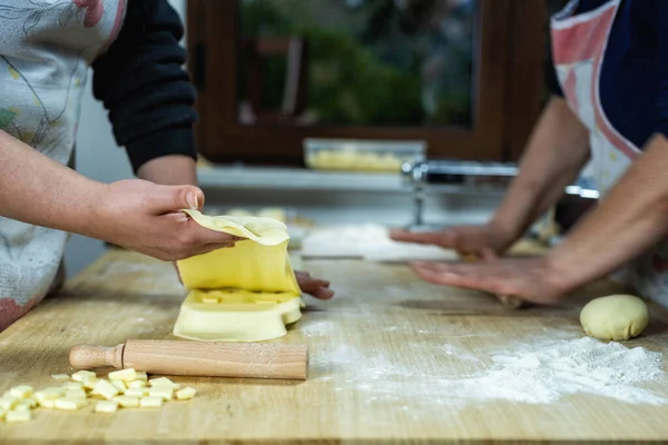 Close Woman Hands Working Dough Prepare Cheese Ravioli Traditional Sardinian — Stock Photo, Image