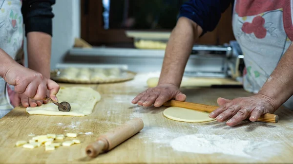 Close Woman Hands Working Dough Prepare Cheese Ravioli Traditional Sardinian — Stock Photo, Image