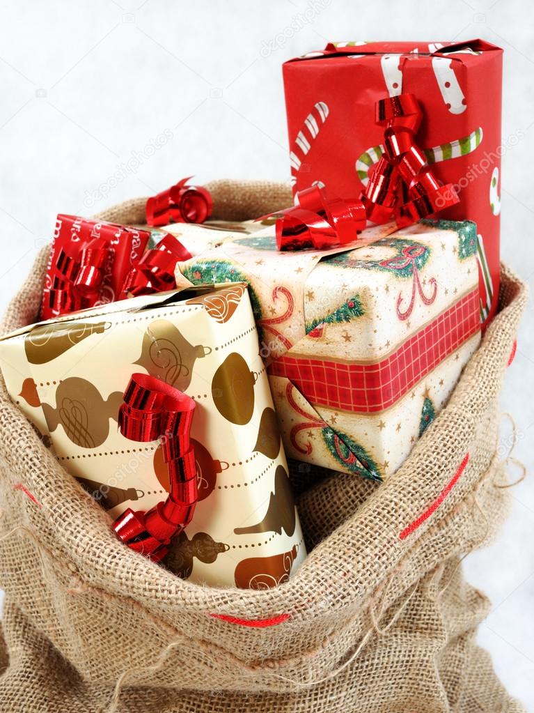An sack full of gifts.