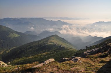 Higher than clouds. Morning fog in the mountains of the Carpathians.
