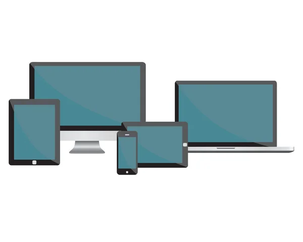 Dispositivos electrónicos aislados sobre fondo blanco: computadora de escritorio, computadora portátil, tableta y teléfonos . — Archivo Imágenes Vectoriales