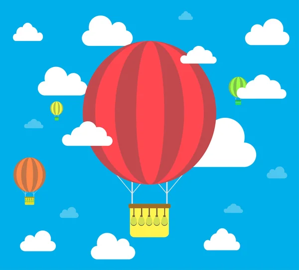 Clouds and striped hot air balloon on a blue background. Vector — Stock Vector