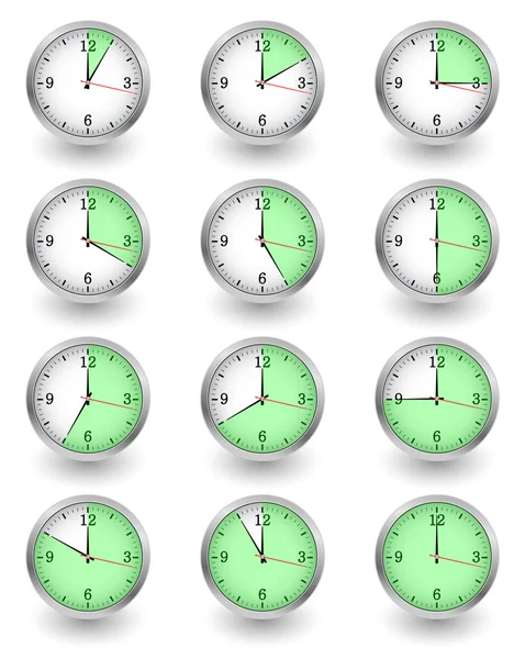 Douze horloges montrant différentes heures sur blanc — Image vectorielle