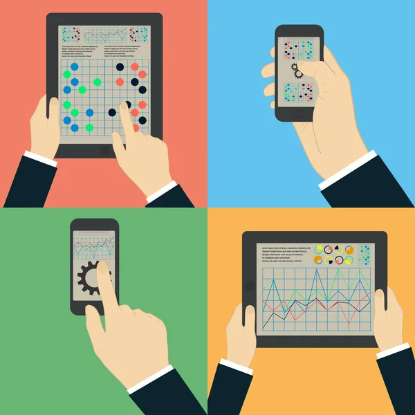 Interaktion händer med mobila applikationer. Infographics — Stock vektor
