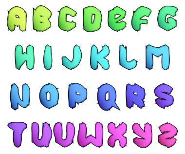Karıncalanma karikatür alfabesi ile renkli hizalayıp düzensiz bırakmak