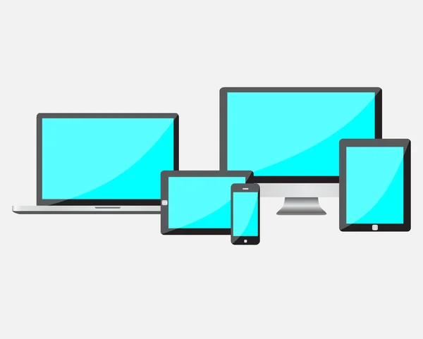 Conjunto de dispositivos digitales modernos pantalla azul vacía — Archivo Imágenes Vectoriales