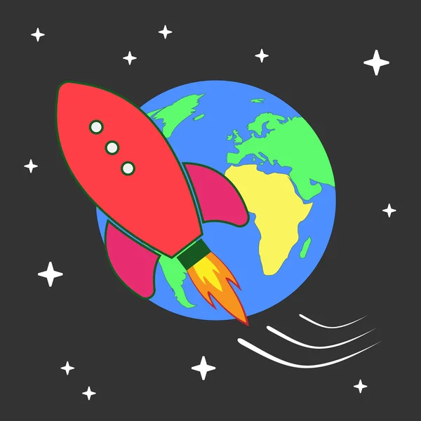 지구 주위를 비행 하는 우주 로켓의 그림 — 스톡 벡터