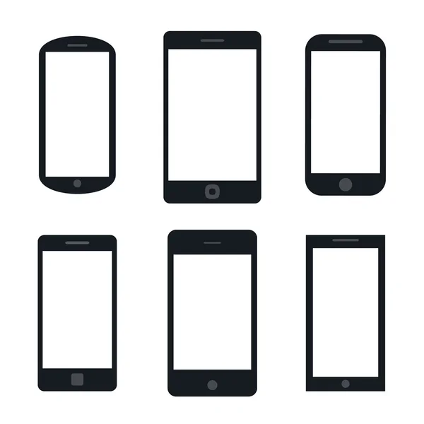 Modern siyah simge siluet çeşitli smartphone telefon tablet pc ile boş perde beyaz arka plan üzerinde izole ayarlayın. Vektör çizim Eps 10.