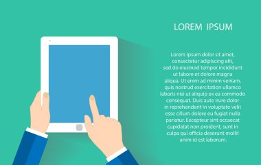 Touchpad pc tutan el, bir parmak ekran dokunur. Vektör çizim Eps10