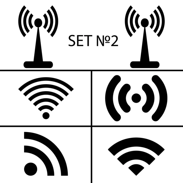 Set 2. Quattordici diverse icone wireless e wifi nere per la comunicazione di accesso remoto tramite onde radio. Illustrazione vettoriale EPS10 — Vettoriale Stock