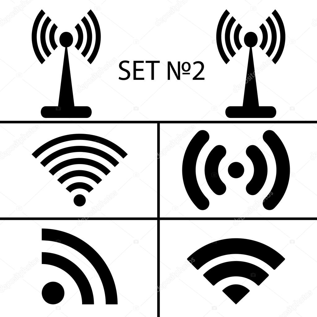 Set 2. Fourteen different black wireless and wifi icons for remote access communication via radio waves. Vector illustration EPS10