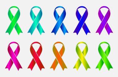 Beyaz arka plan üzerinde izole renkli bilinçlenme kurdeleleri kümesi. Vektör çizim eps10.