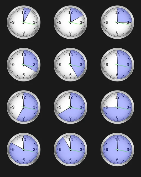 Conjunto de doce alarmas indicando diferentes tiempos — Archivo Imágenes Vectoriales