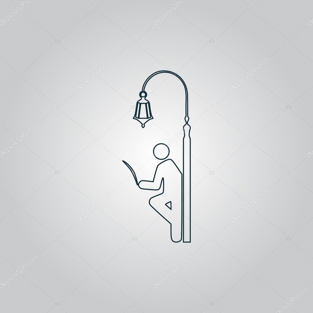 Businessman leaning on a lamppost in a tree, reading the newspaper. Flat web icon, sign or button isolated on grey background. Collection modern trend concept design style vector illustration symbol