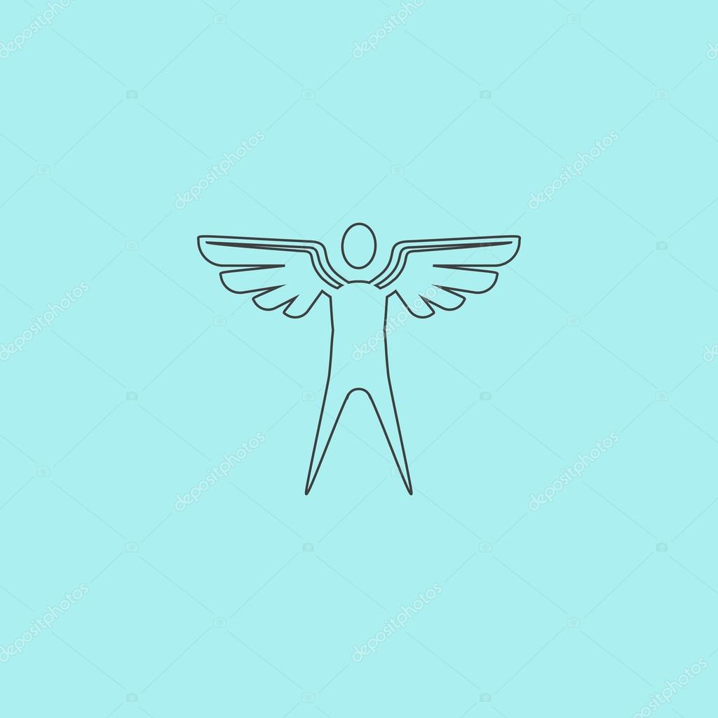 Winged man. Simple outline flat vector icon isolated on blue background