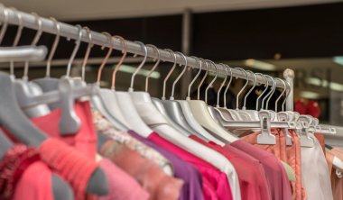 Giysiler bir mağazanın rafında asılı. 