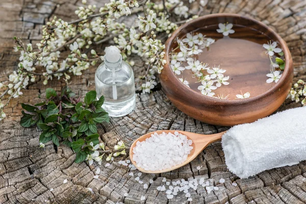 Spa and wellness setting with sea salt, oil essence, flowers and — Stock Photo, Image