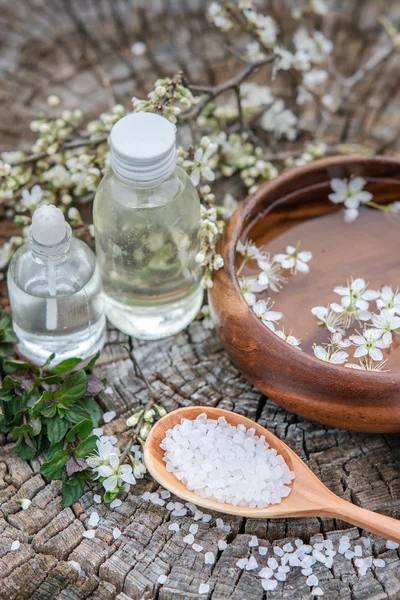 Spa och wellness miljö med havssalt, olja essens, blommor och — Stockfoto