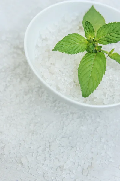 Spa and wellness setting with sea salt, oil essence, jasmin flow — Stock Photo, Image