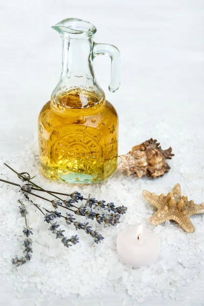 Spa and wellness setting with sea salt, oil essence, jasmin flow — Stock Photo, Image