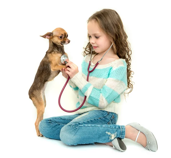 Girl playing veterinarian with dog — Stock Photo, Image