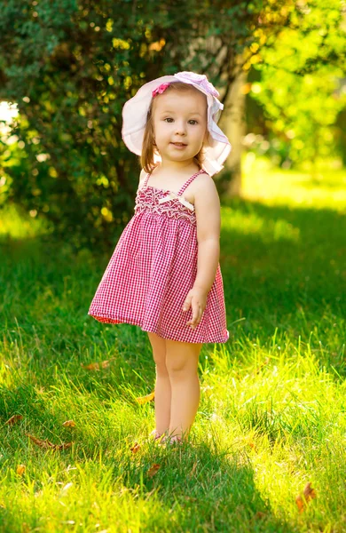 Parkta bir çayırda gülümseyen küçük kız. — Stok fotoğraf
