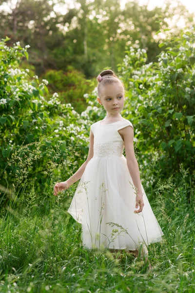 Belle petite fille dans une robe blanche posant dans l'herbe — Photo