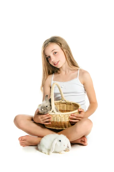 Happy little girl with rabbit — Stock Photo, Image