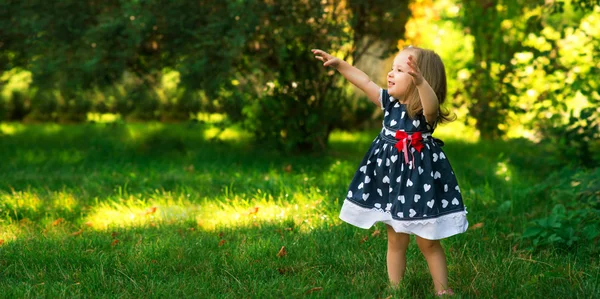 Leende liten flicka i en äng i parken. — Stockfoto