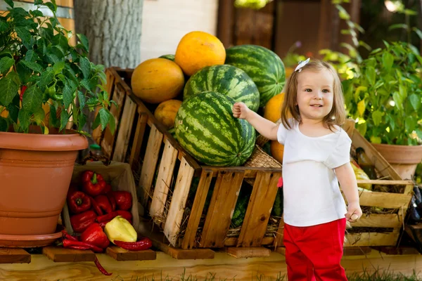 Çiftçi pazarında güzel küçük kız. — Stok fotoğraf
