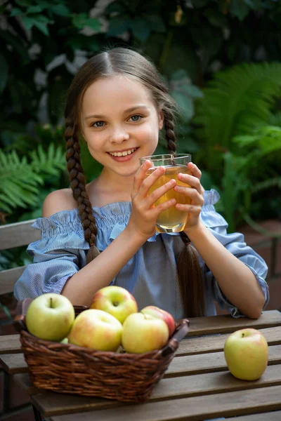 Nettes Lächelndes Kleines Mädchen Mit Apfelsaft Und Korb Mit Äpfeln — Stockfoto