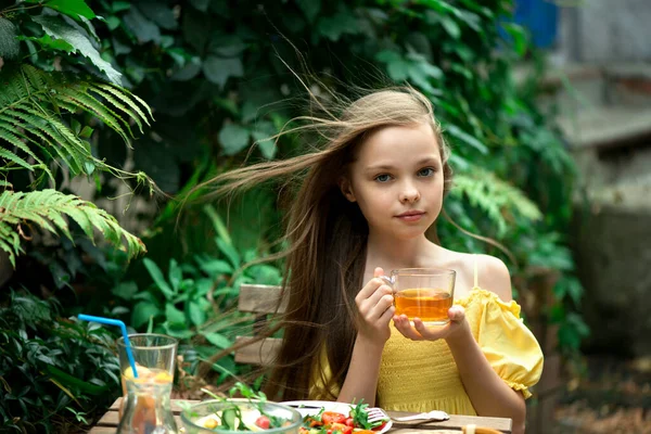 Cute Little Girl Drinking Tea Breakfast Kid Holds Hot Beverage — Stock Photo, Image