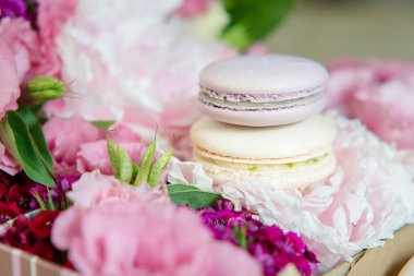 Kutuda çiçekli renkli badem kurabiyesi seti. Süslü hediye paketi ve badem kurabiyesi. Yaklaş, seçici odaklanma.